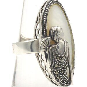 925 Sterling silver mother of pearl marcasite art deco ring